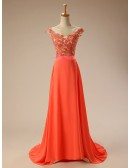 A-line Scoop Neck Sweep Train Chiffon Prom Dress With Appliquer Lace