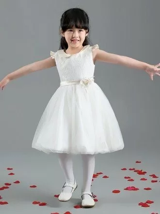 Short Tulle Lace Sash Flower Girl Dress with Collar