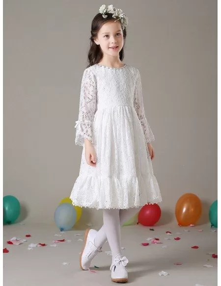 Simple All Lace Short Flower Girl Dress with Long Puffy Sleeves