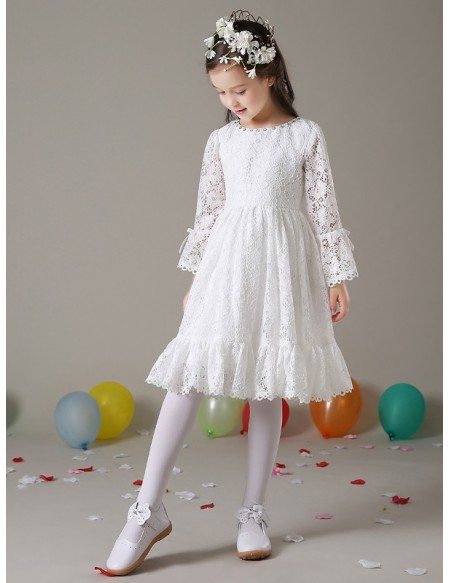 Simple All Lace Short Flower Girl Dress with Long Puffy Sleeves
