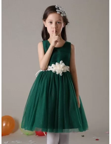 Short A Line Pleated Tulle Hunter Green Flower Girl Dress with Crystal Sash