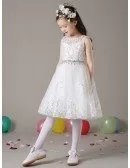 Short White Lace A Line Flower Girl Dress with Diamond Waist
