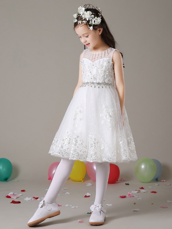 Short White Lace A Line Flower Girl Dress with Diamond Waist - GemGrace