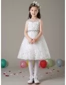 Short White Lace A Line Flower Girl Dress with Diamond Waist