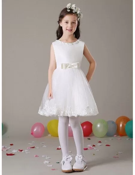 A Line Simple Short Lace Flower Girl Dress with Beaded Neckline - GemGrace