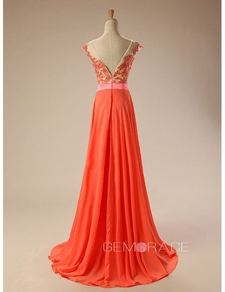 A-line Scoop Neck Sweep Train Chiffon Prom Dress With Appliquer Lace