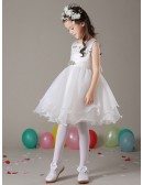 Short Ballroom Organza Lace Crystal Flower Girl Dress with Sash