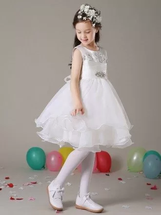 Short Ballroom Organza Lace Crystal Flower Girl Dress with Sash