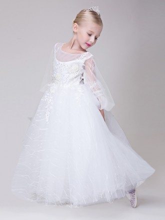 Tulle Fairy Long Lace Beaded Flower Girl Dress with Ball Gown