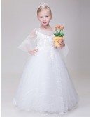 Tulle Fairy Long Lace Beaded Flower Girl Dress with Ball Gown