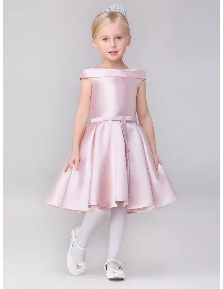 Simple Lovely Pink Short Satin Flower Girl Dress with Cap Sleeves