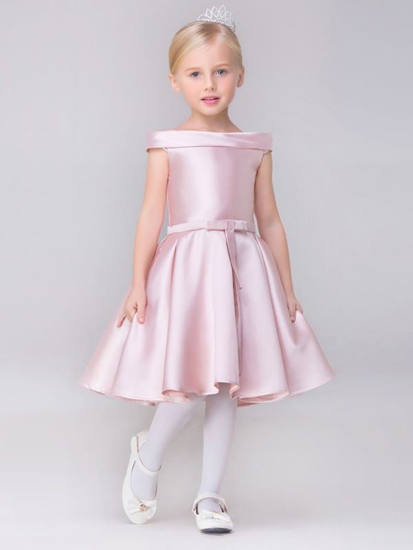 Simple Lovely Pink Short Satin Flower Girl Dress with Cap Sleeves ...