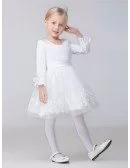 A Line Short Satin Tulle Lace Flower Girl Dress with Long Sleeves