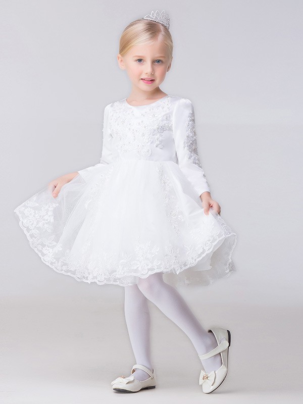 Short Satin and Tulle Lace Beaded Flower Girl Dress - GemGrace