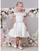 Cap Sleeves Satin with Lace Short Flower Girl Dress