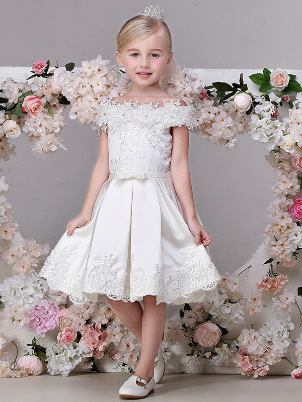Cap Sleeves Satin with Lace Short Flower Girl Dress - GemGrace