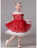 Two Tune White and Red Lace Pageant Dress with Short Sleeves