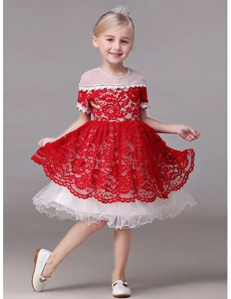 Two Tune White and Red Lace Pageant Dress with Short Sleeves