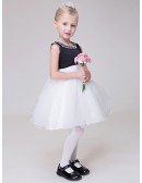 Black and White Organza Short Flower Girl Dress with Beaded Neckline