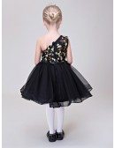 Embroidered One Shoulder Black Pageant Dress with Beading Waist