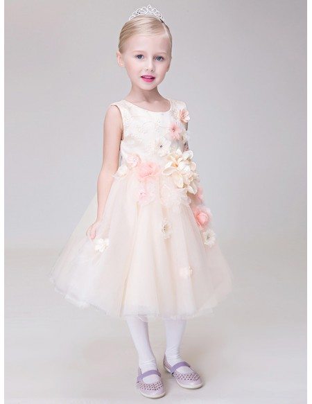 Floral Pink Short Tulle Ballroom Flower Girl Dress