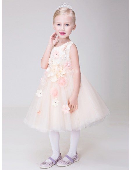 Floral Pink Short Tulle Ballroom Flower Girl Dress