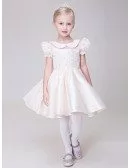 Pale Pink Collared Lace Satin Flower Girl Dress with Short Sleeves