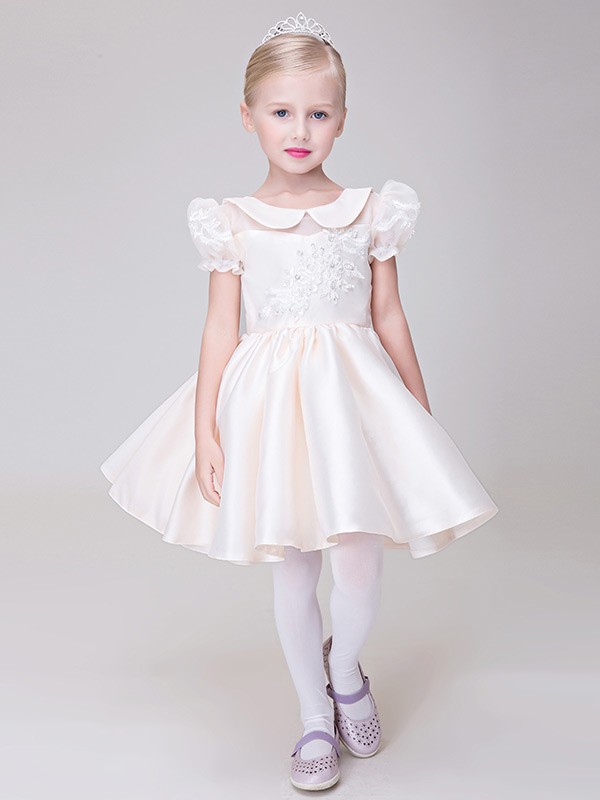 Pale Pink Collared Lace Satin Flower Girl Dress with Short Sleeves ...