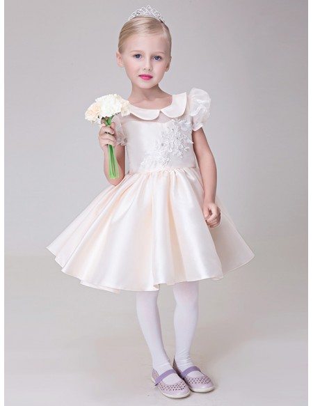 Pale Pink Collared Lace Satin Flower Girl Dress with Short Sleeves ...