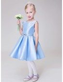 A Line Blue Satin Short Flower Girl Dress with Beading