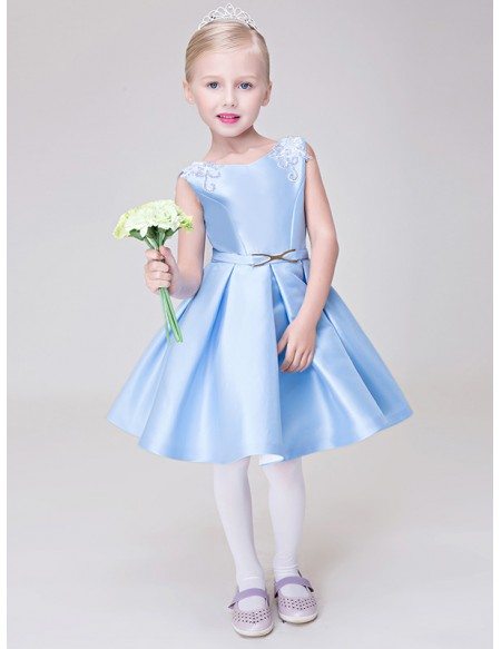 A Line Blue Satin Short Flower Girl Dress with Beading