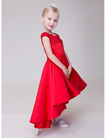 High Low Red Satin Lace Flower Girl Dress in Asymmetrical Style