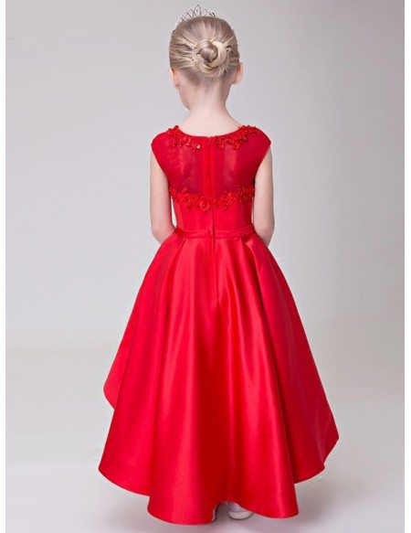 High Low Red Satin Lace Flower Girl Dress in Asymmetrical Style - GemGrace
