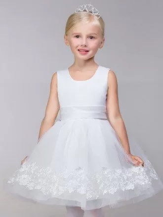 Simple White Short Tulle Flower Girl Dress with Lace Hem