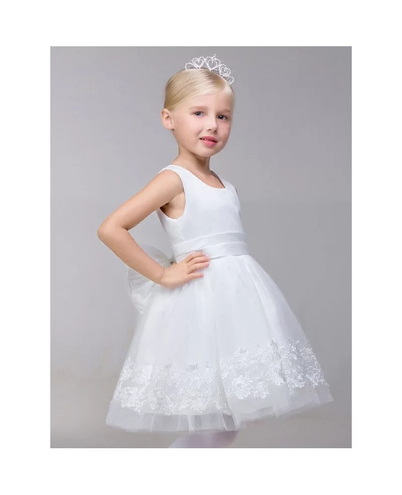 Simple White Short Tulle Flower Girl Dress with Lace Hem - GemGrace
