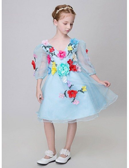 Short Sleeved Sweetheart Blue Pageant Dress with Colorful Flowers