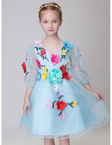 Short Sleeved Sweetheart Blue Pageant Dress with Colorful Flowers