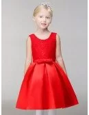 Sleeveless Simple A Line Short Satin Flower Girl Dress with Lace Bodice