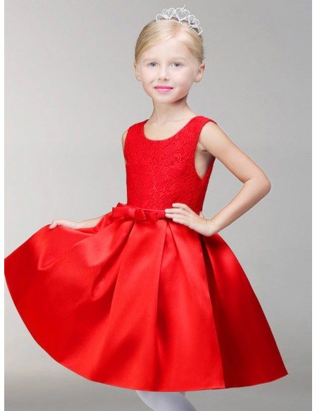 Sleeveless Simple A Line Short Satin Flower Girl Dress with Lace Bodice ...