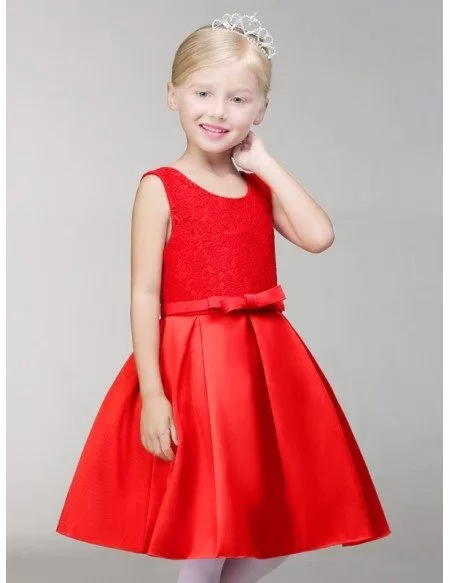 Sleeveless Simple A Line Short Satin Flower Girl Dress with Lace Bodice