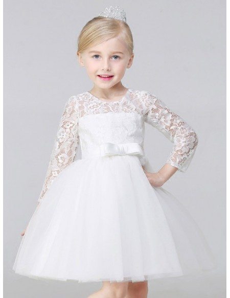 Short Ballroom Tulle Sleeves Flower Girl Dress with Lace Bodice