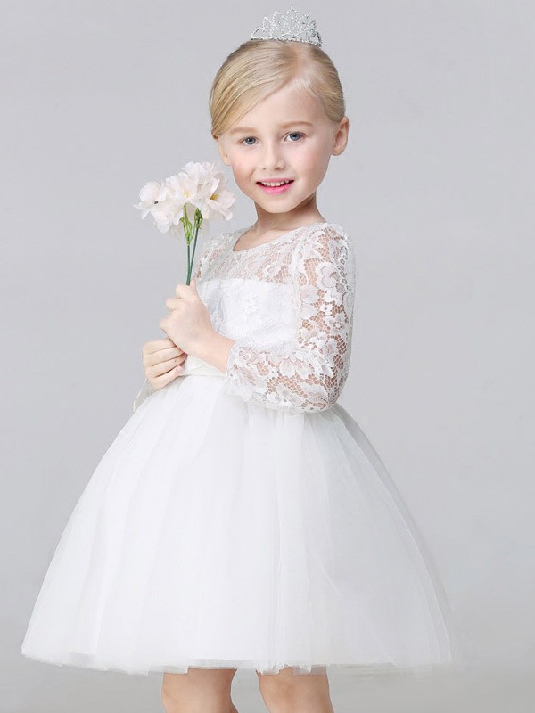 Short Ballroom Tulle Sleeves Flower Girl Dress with Lace Bodice - GemGrace