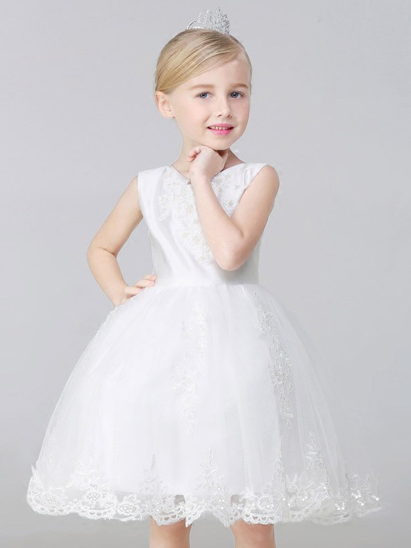 Sleeveless Ball Gown Lace Beaded Flower Girl Dress - GemGrace