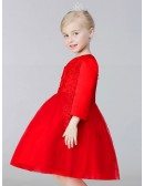Ball Gown Hot Red Satin Lace Short Flower Girl Dress with Long Sleeves