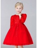 Ball Gown Hot Red Satin Lace Short Flower Girl Dress with Long Sleeves