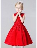 A Line Short Red Satin Lace Beaded Flower Girl Dress with Collar