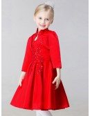 A Line Short Red Satin Lace Beaded Flower Girl Dress with Collar