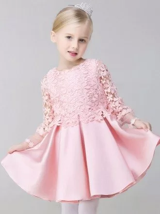 A Line Satin Short Pink Flower Girl Dress with Puffy Sleeve Jacket