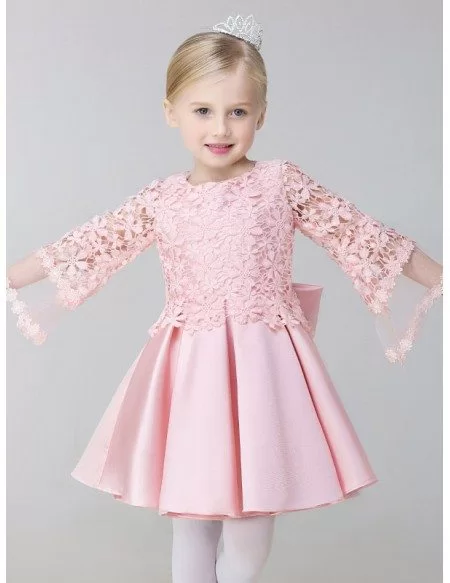 A Line Satin Short Pink Flower Girl Dress with Puffy Sleeve Jacket