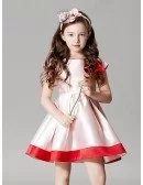 Simple Satin White and Red Short Sleeve Pageant Dress with Sleeves and Bow